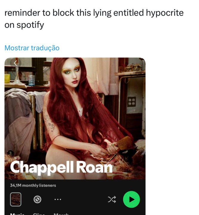"Lembrete para bloquear esse hipócrita mentiroso e arrogante no Spotify."